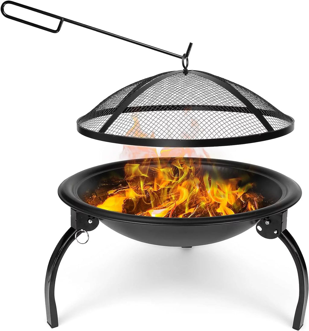 22" Foldable Mini Fire Pit for Outdoor, Portable Small Outdoor Fire Pit Wood Burning Stove W/Mesh Spark Screen,Round Fire Pit Bowl Grill for Camping Party BBQ Patio Beach