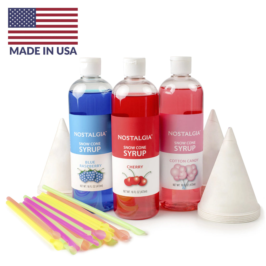 Snow Cone Syrup Party Kit, 3 x 16 oz, 20 Snow Cones with Spoon Straws V37424
