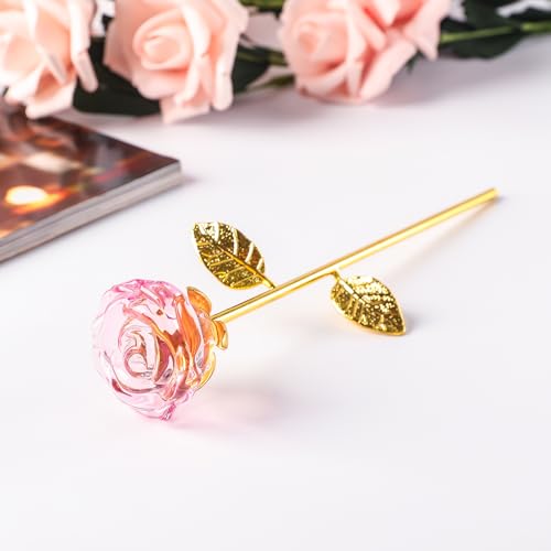 Crystal Pink Rose Flowers Glass Figurine with Vase Home Decor A62950