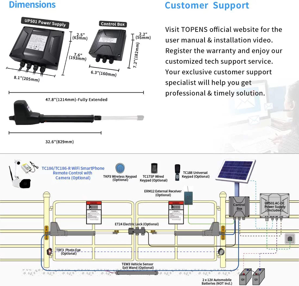 Solar Dual Swing Gate Opener Heavy Duty Automatic Gate Motor for Double Gates Up to 18ft per Arm P47334