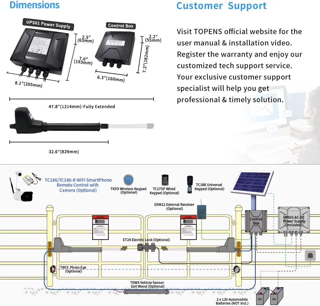 Solar Dual Swing Gate Opener Heavy Duty Automatic Gate Motor for Double Gates Up to 18ft per Arm P47334
