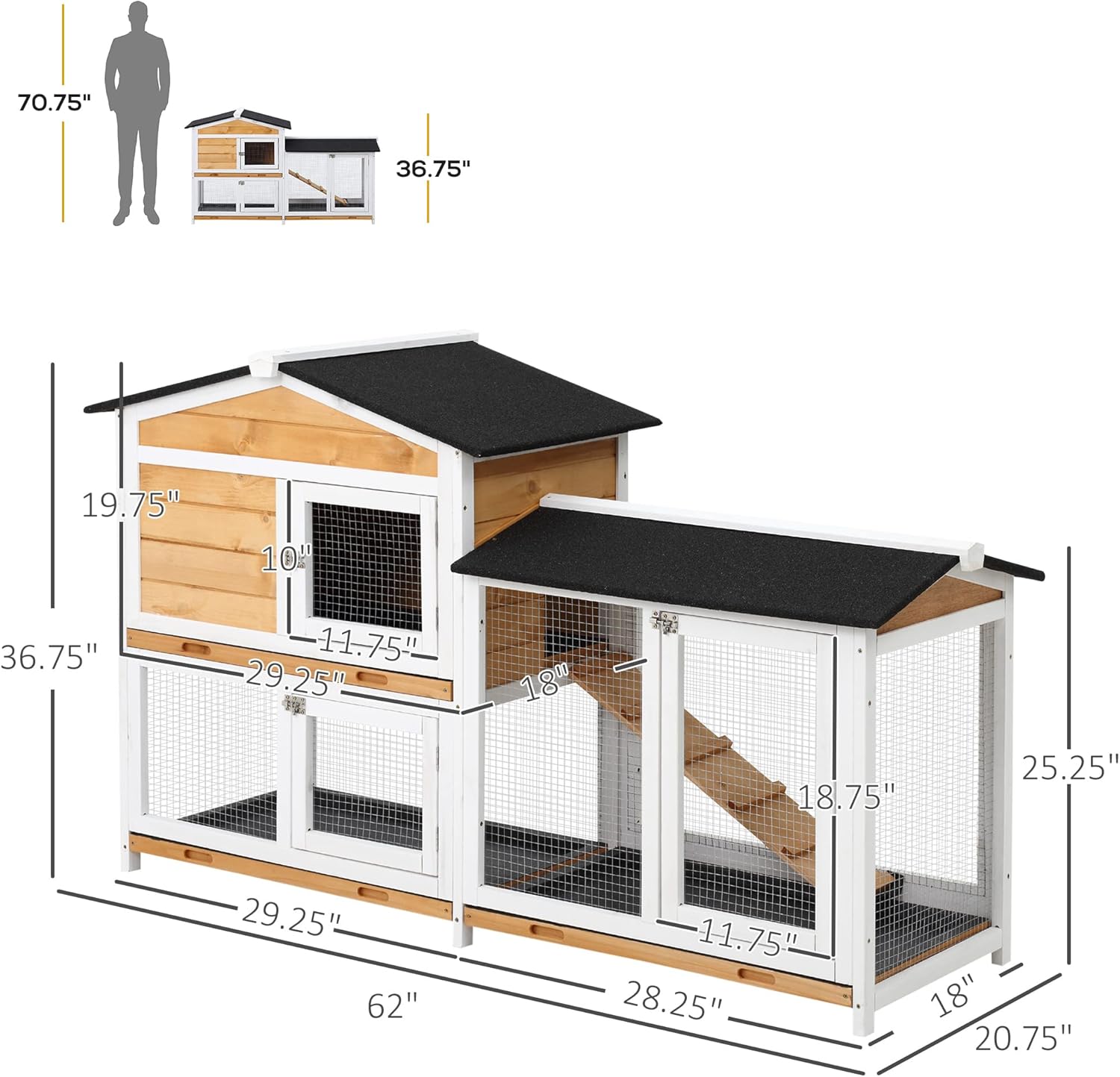 Wooden Rabbit Hutch with Ramp, Weatherproof Roof, Outdoor Run N504