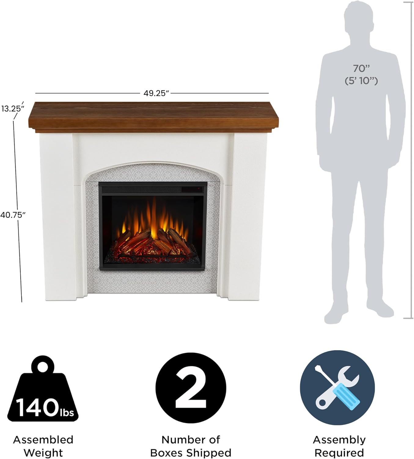 Electric Fireplace with Mantel for Living Room or Bedroom, Remote Control, Timer, White S683