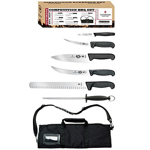 7-Piece BBQ Knife Set with Red Handles and Knife Roll L303028