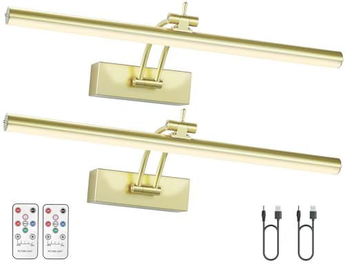 2 Pack Picture Light Battery Operated for Wall, 16" Wireless Display Art Lighting for Painting with Remote, Dimmable 5200mAh Library Light, Gold Picture Frame Lights for Gallery