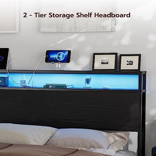 California King Storage Headboard with Charging Station and LED Lights T957820