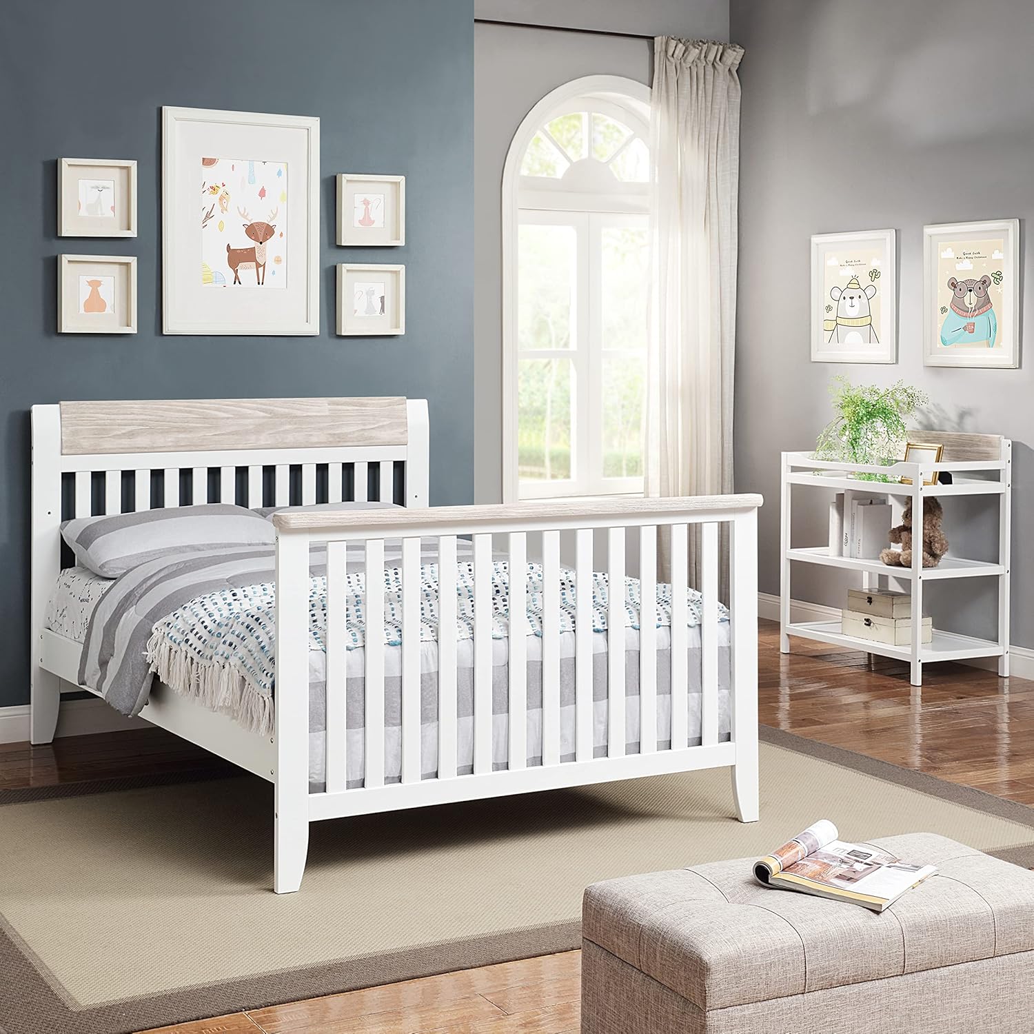 4 in 1 Convertible Crib, White and Wire Brushed Wood V2044
