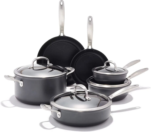 Good Grips 10 Piece Cookware Pots and Pans Set  3-Layered German Engineered Nonstick Coating  Stainless Steel Handle with Nonslip Silicone  Gray