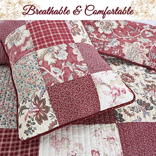 Red Navy Blue Brown Floral Print Reversible Cotton Coverlet Bedding Set, King 3 Piece O650917