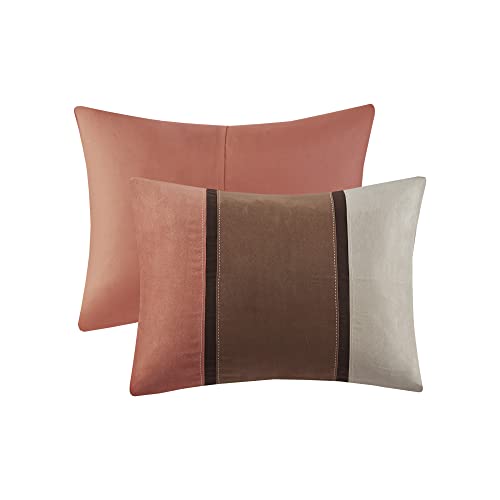 Modern Faux Suede Comforter Set with Stripe Design, Queen, Brown, 7 Piece T450652