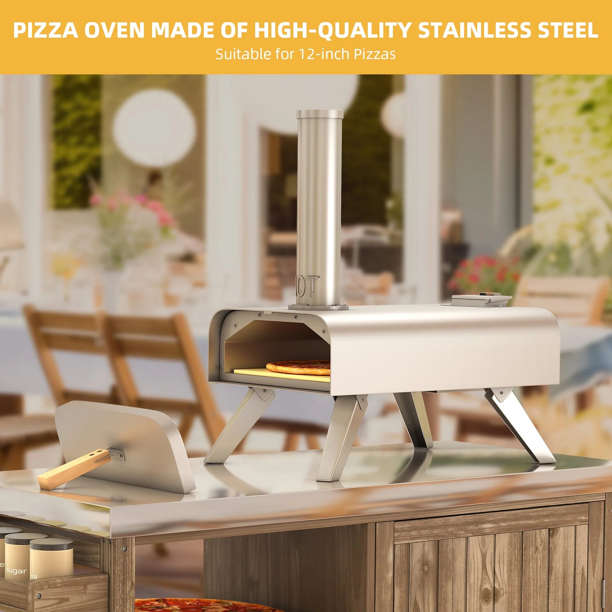 12" Wood Fired Pizza Oven, Outdoor Stainless Steel Pizza Maker with Chimney M986