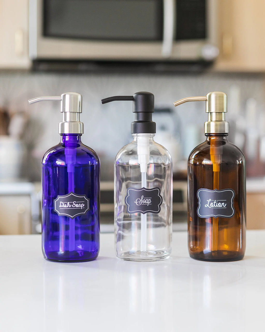 Blue Glass Pump Dispenser for Soap and Lotion, 2 Pack P317960