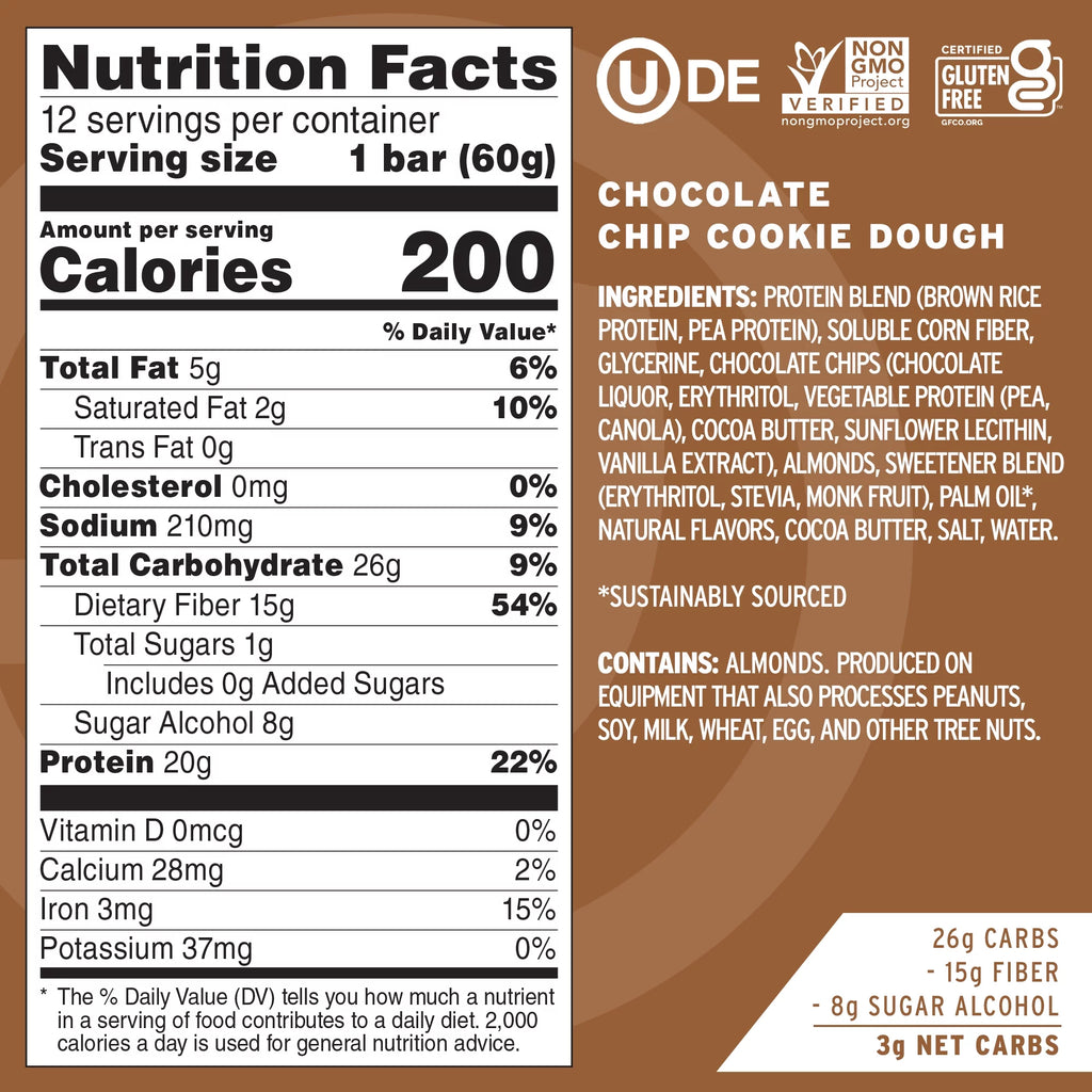 Vegan Protein Bars, Chocolate Chip Cookie Dough, 12 Count Y1606