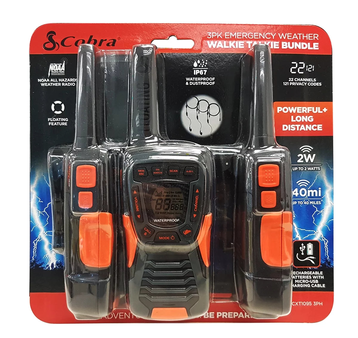 Emergency Two-Way Radios 3-Pack Waterproof Walkie Talkies 40 Mile Range 22 Channels X393661