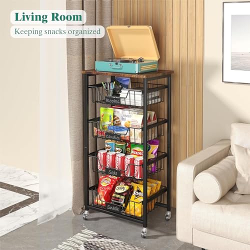 Rolling Kitchen Storage Cart with 4 Pull-Out Baskets and Wood Top V50585