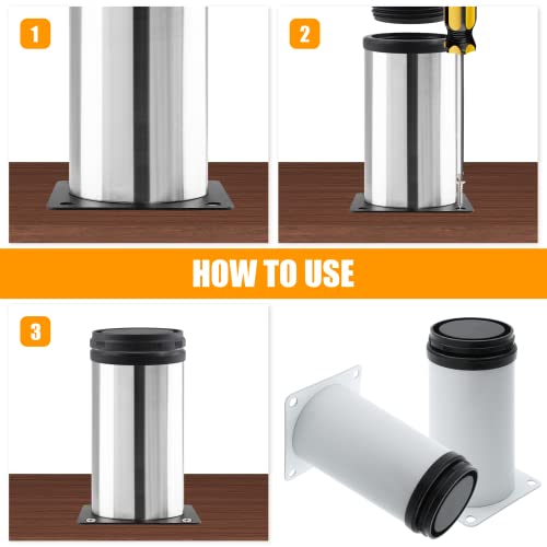 4 Pack White Adjustable Furniture Legs, 4" Stainless Steel Round Feet with Screws V6962