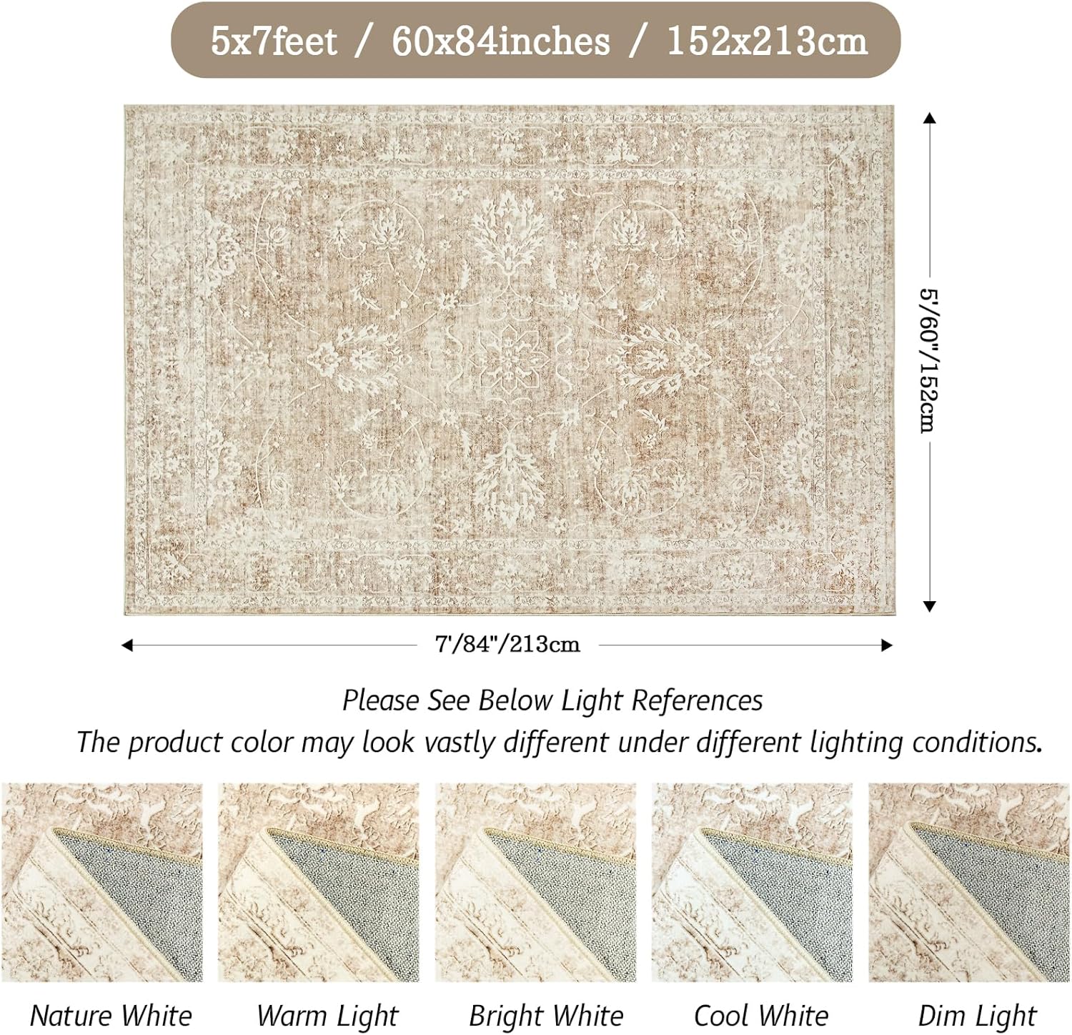 Floral 5x7 Area Rug for Living Room, Non Slip, Washable O678611