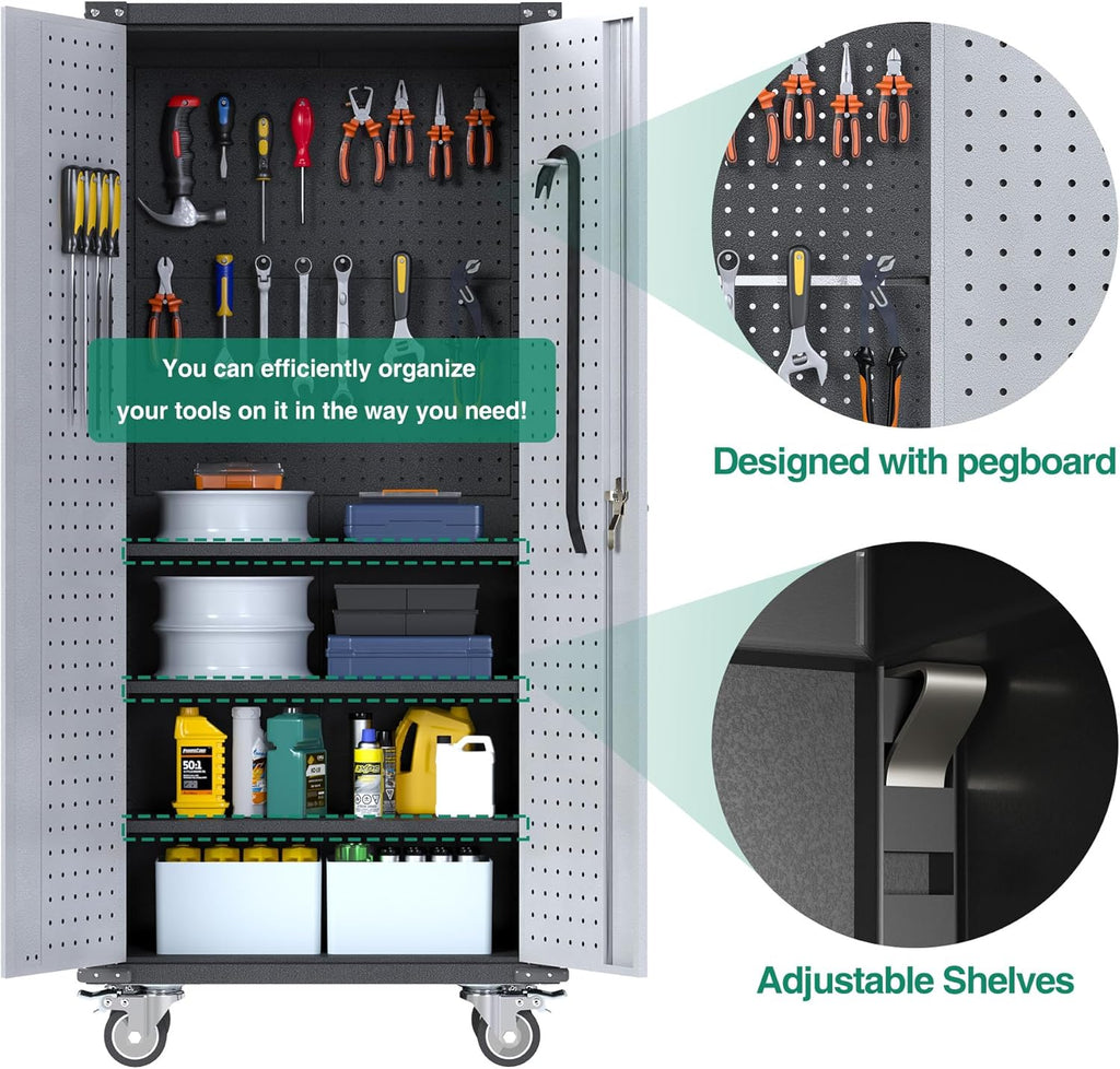 Metal Storage Cabinet with Pegboard and Wheels Q7622