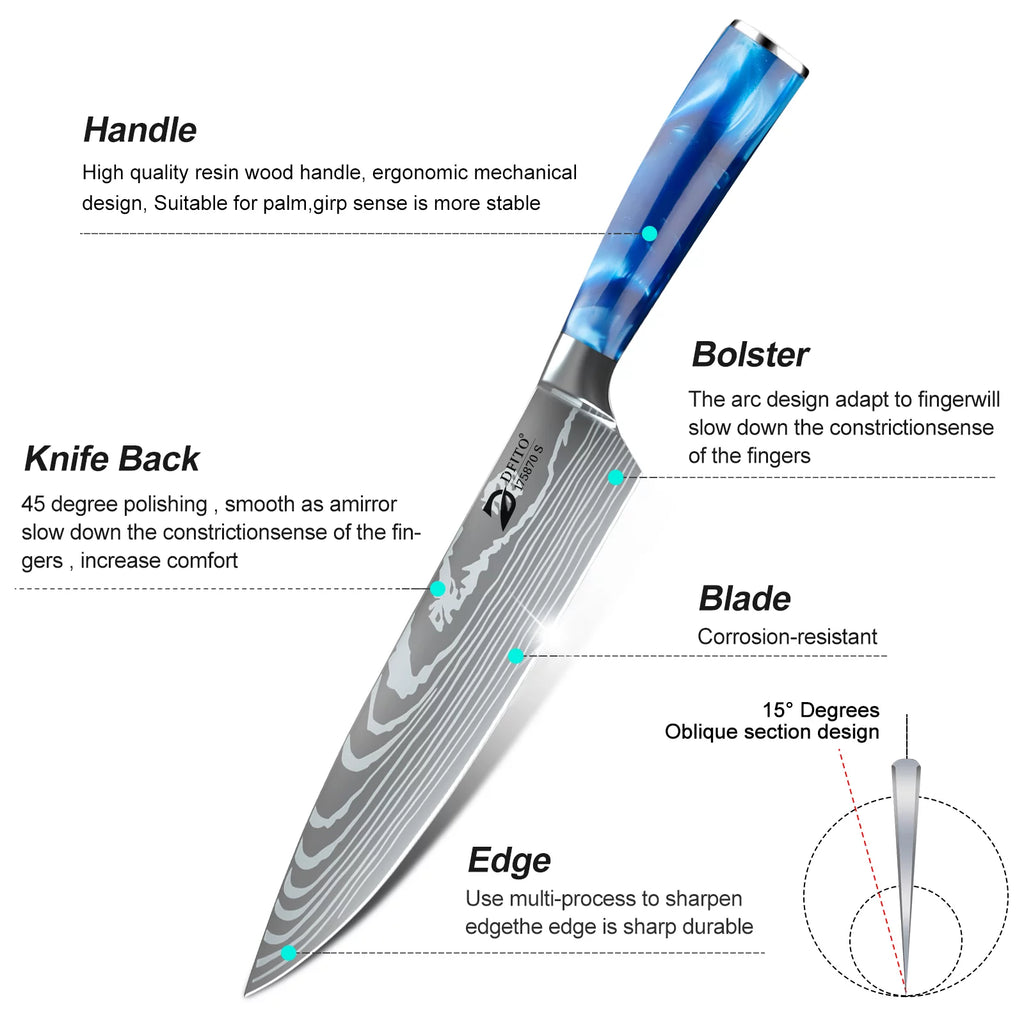 Kitchen Knife Set, 8 Pcs Stainless Steel Chef Knife Set, Blue U570483