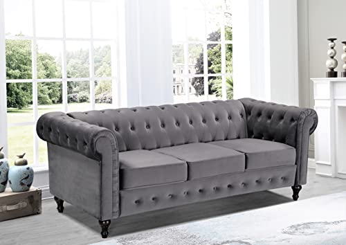 3-Piece Velvet Chesterfield Sofa Set with Couch, Loveseat and Accent Chair, Grey J93016