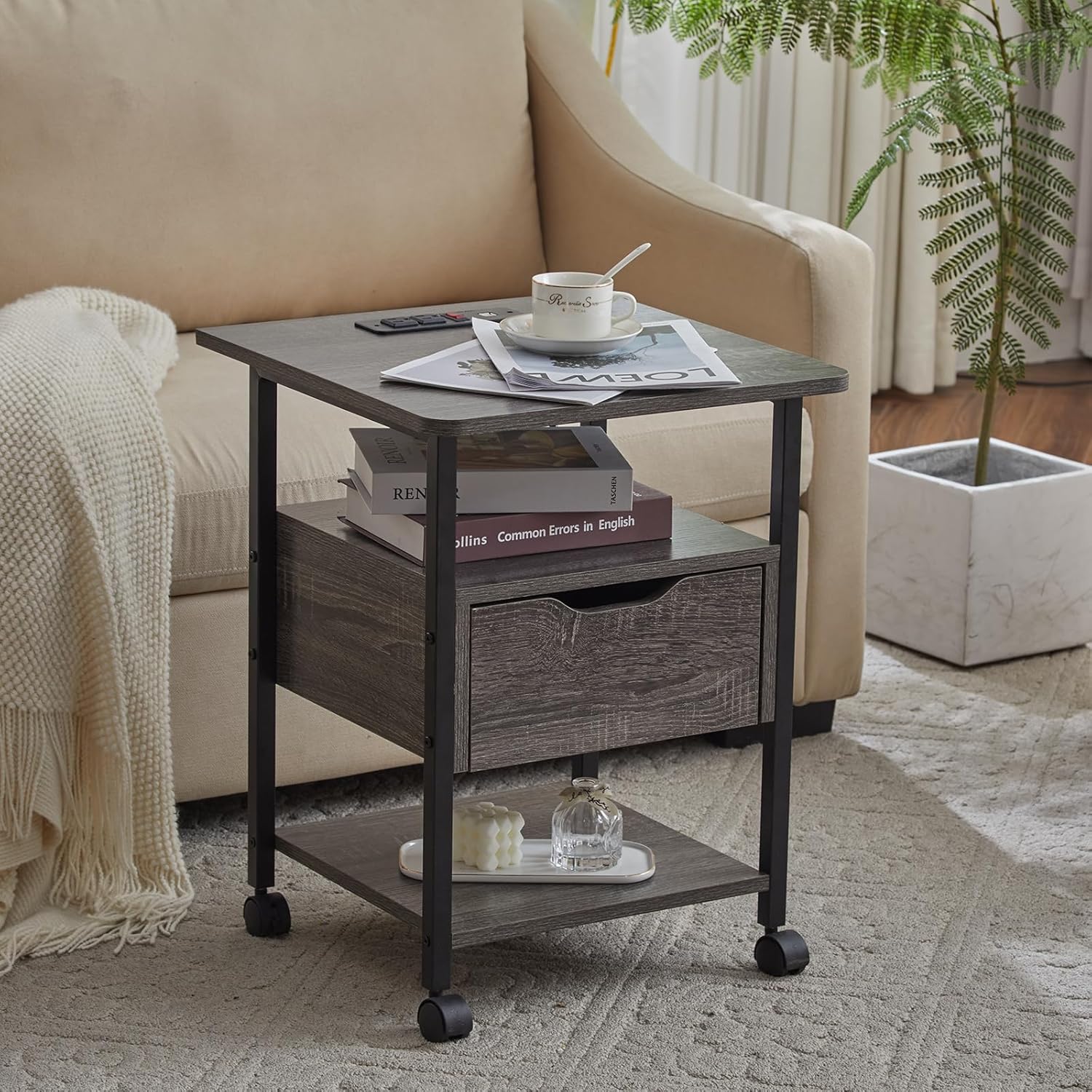 Nightstand Set of 2 with Charging Station, Wheels, and Drawer Y6233