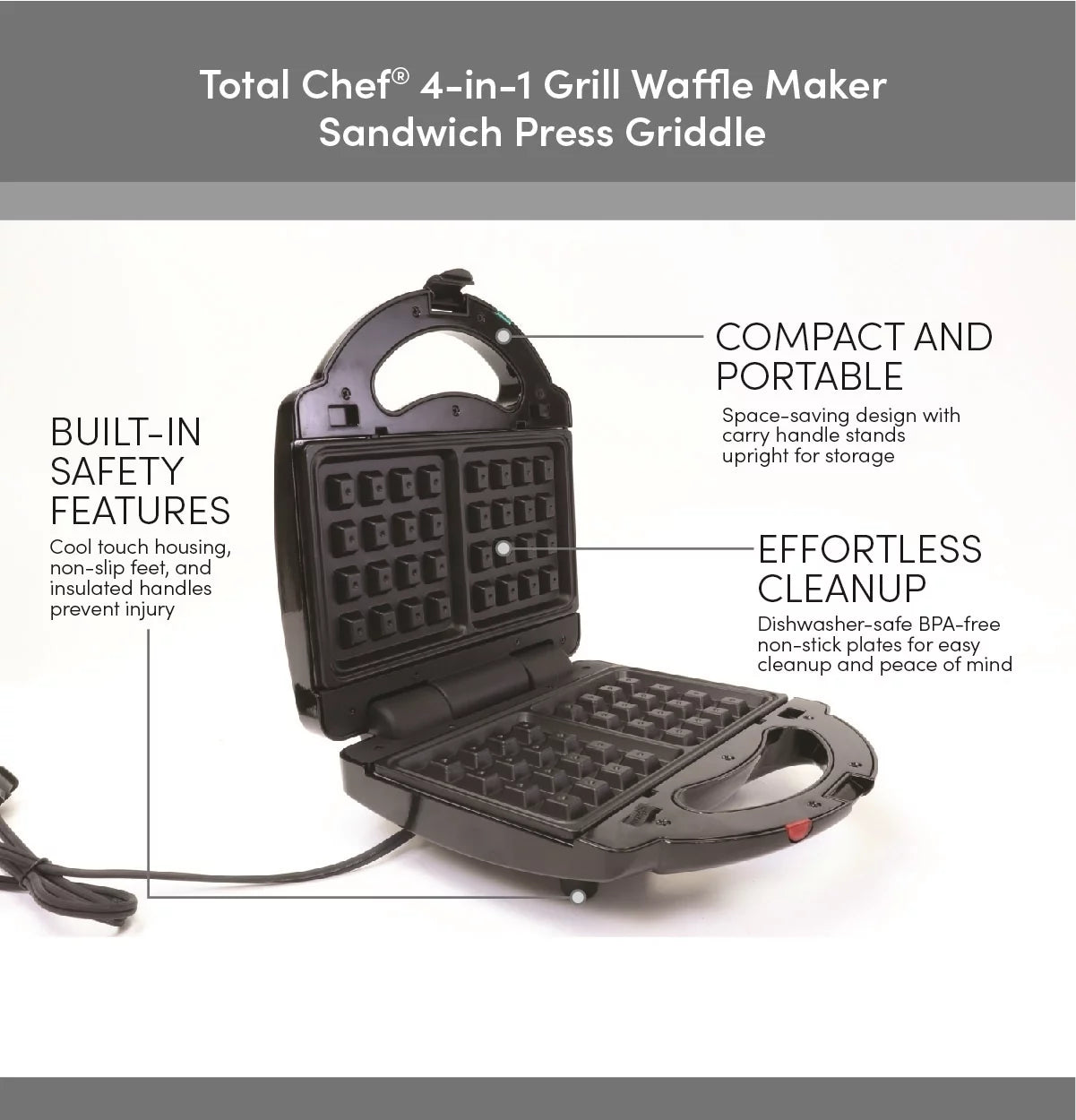 4-in-1 Waffle Maker, Indoor Grill, Sandwich Maker, Panini Press, Electric Griddle, Removable Non-Stick Plates H92613