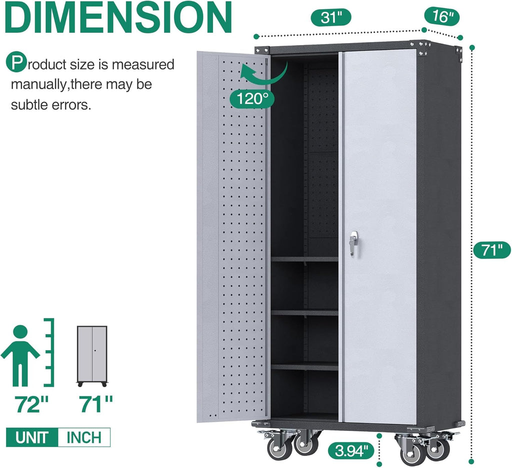 Metal Storage Cabinet with Pegboard and Wheels Q7622