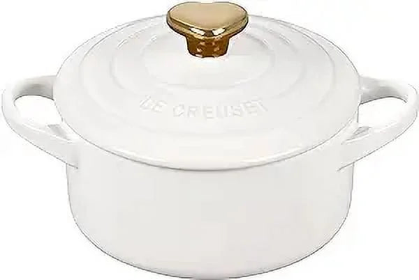 Le Creuset Stoneware 8 Ounce Mini Round Cocotte with Gold Heart Knob White