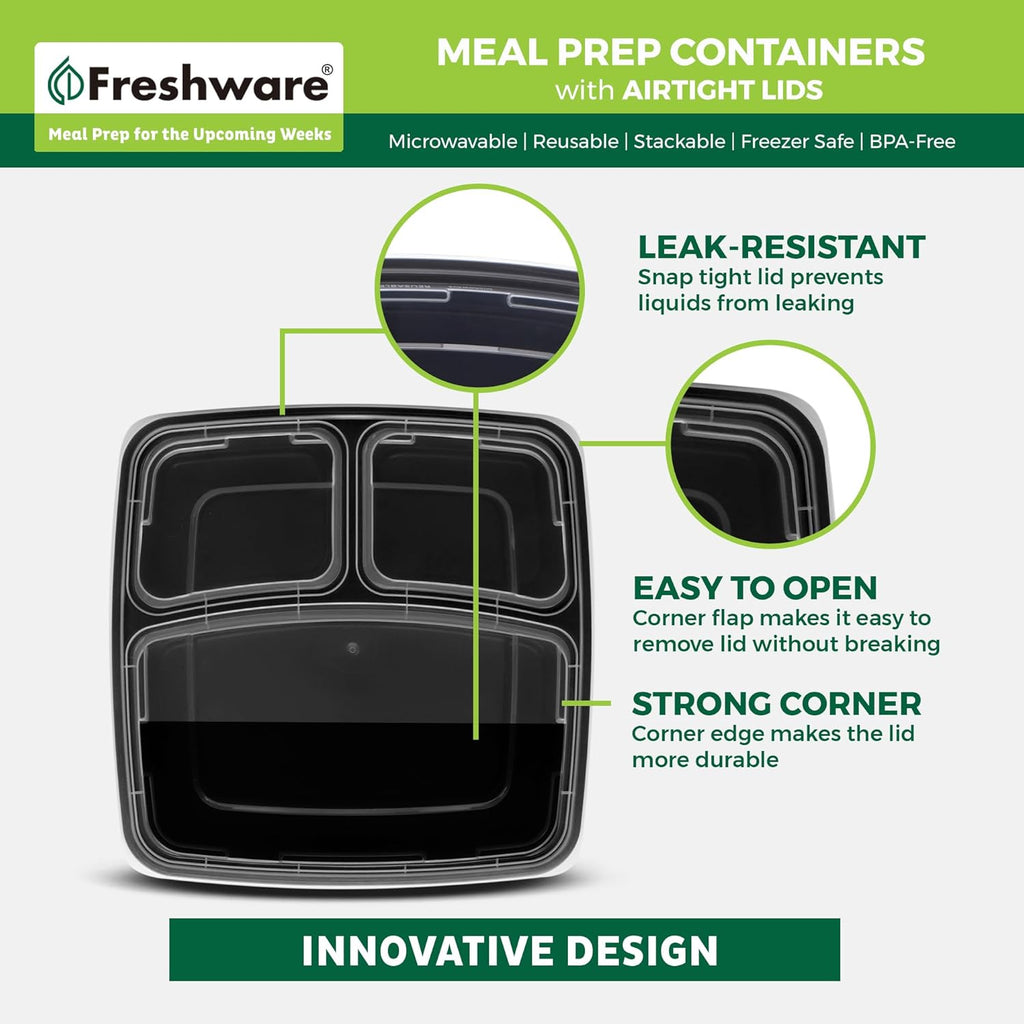 Meal Prep Containers 3 Compartment with Lids, BPA Free, Stackable P534166