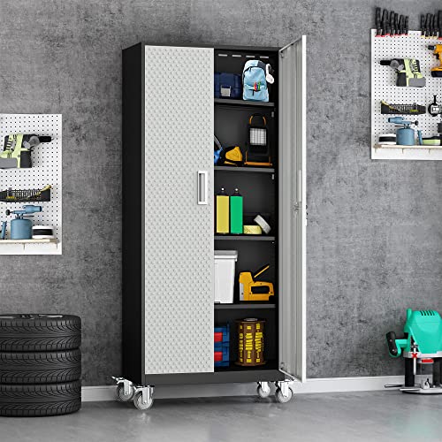72" Metal Garage Storage Cabinet with Wheels, Adjustable Shelves & Locking Doors Q66304