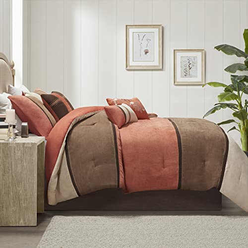 Modern Faux Suede Comforter Set with Stripe Design, Queen, Brown, 7 Piece T450652