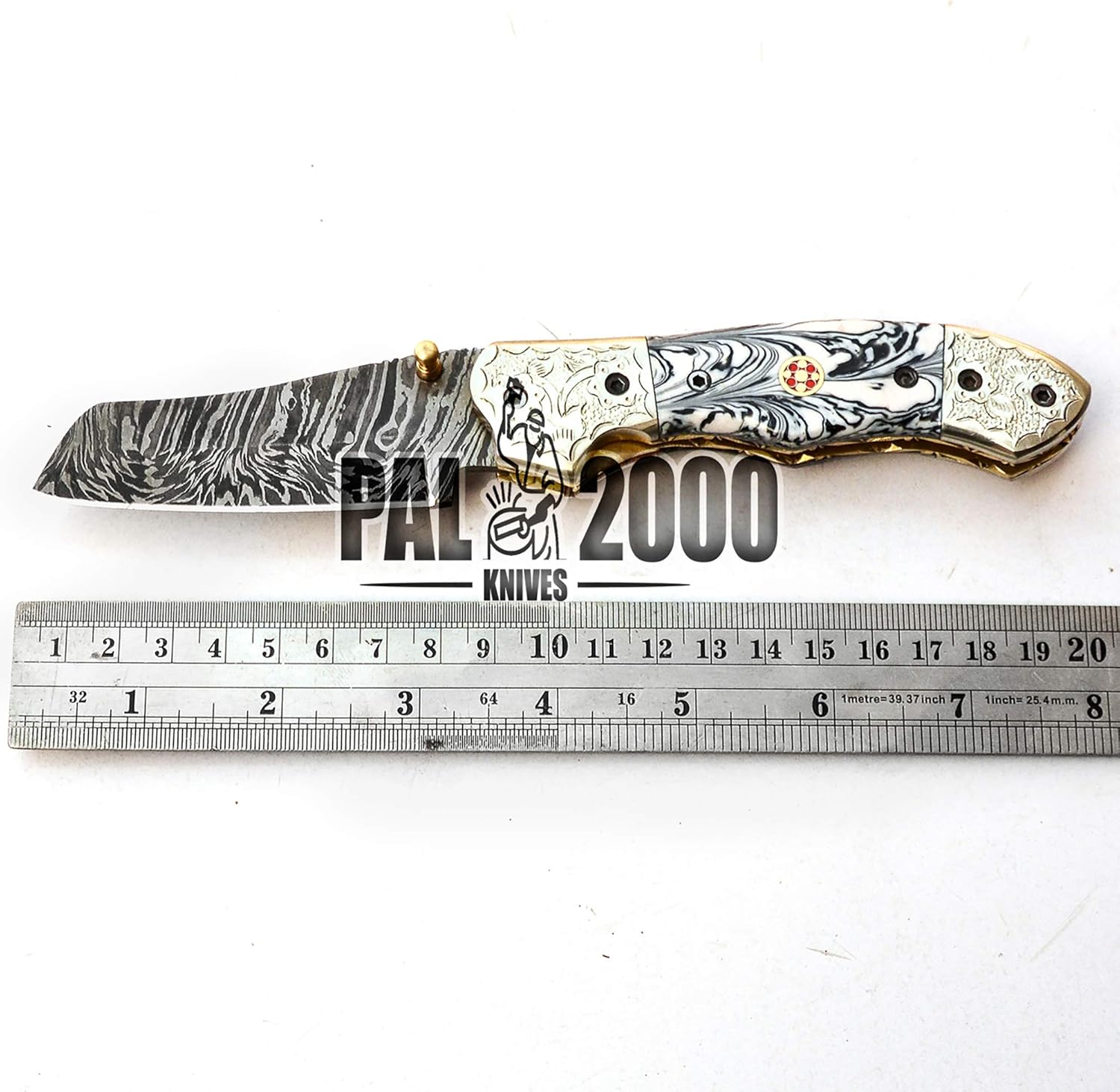 Damascus Steel Folding Pocket Knife with Sheath J237734