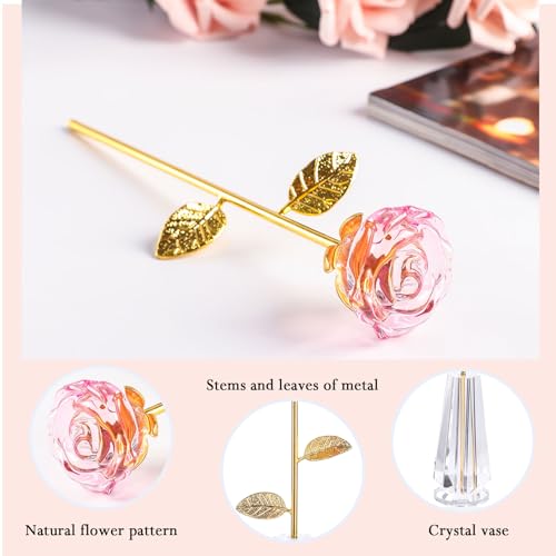 Crystal Pink Rose Flowers Glass Figurine with Vase Home Decor A62950