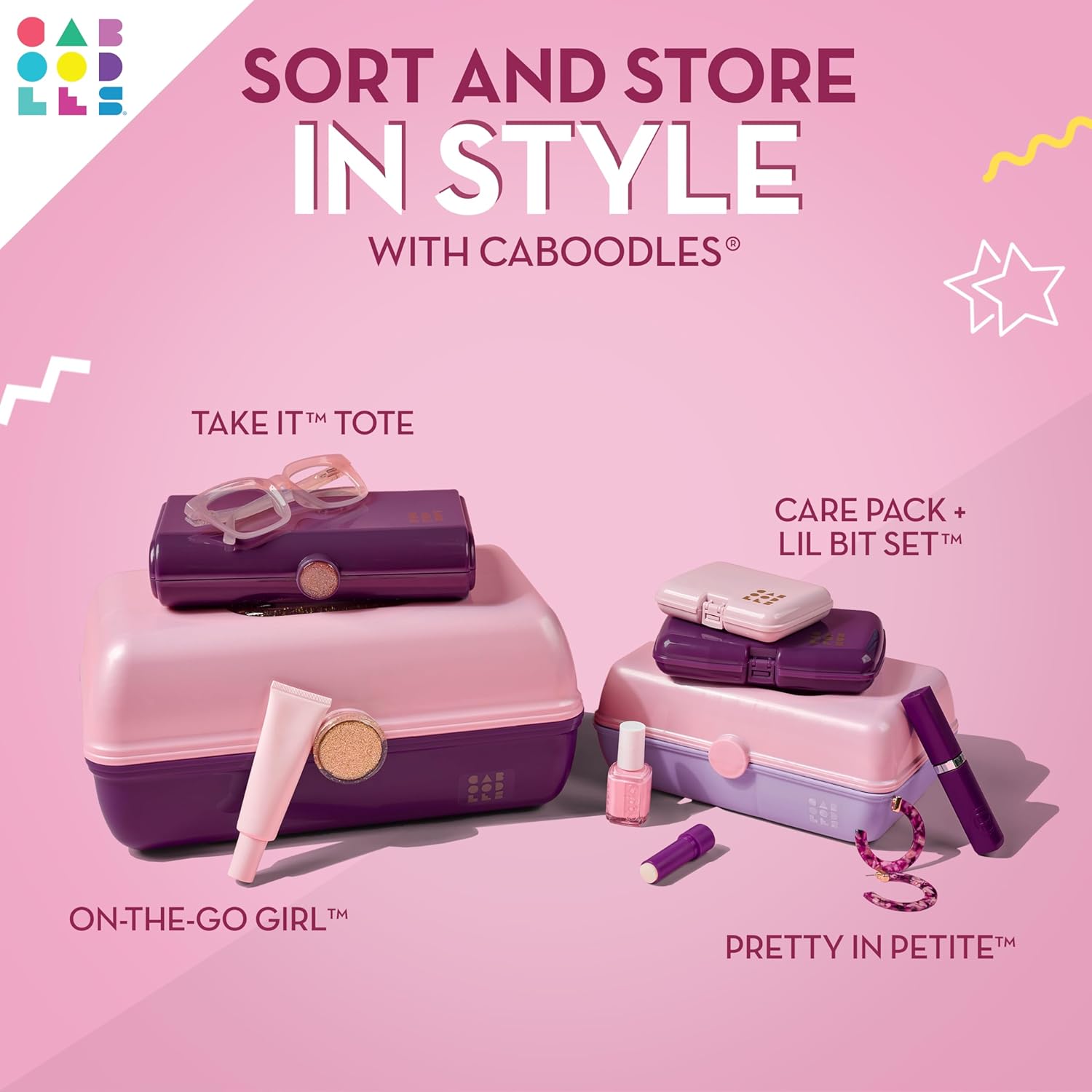 Makeup Box with 2 Swivel Trays and Mirror, Pink Sparkle, Hard Plastic Travel Organizer M889513