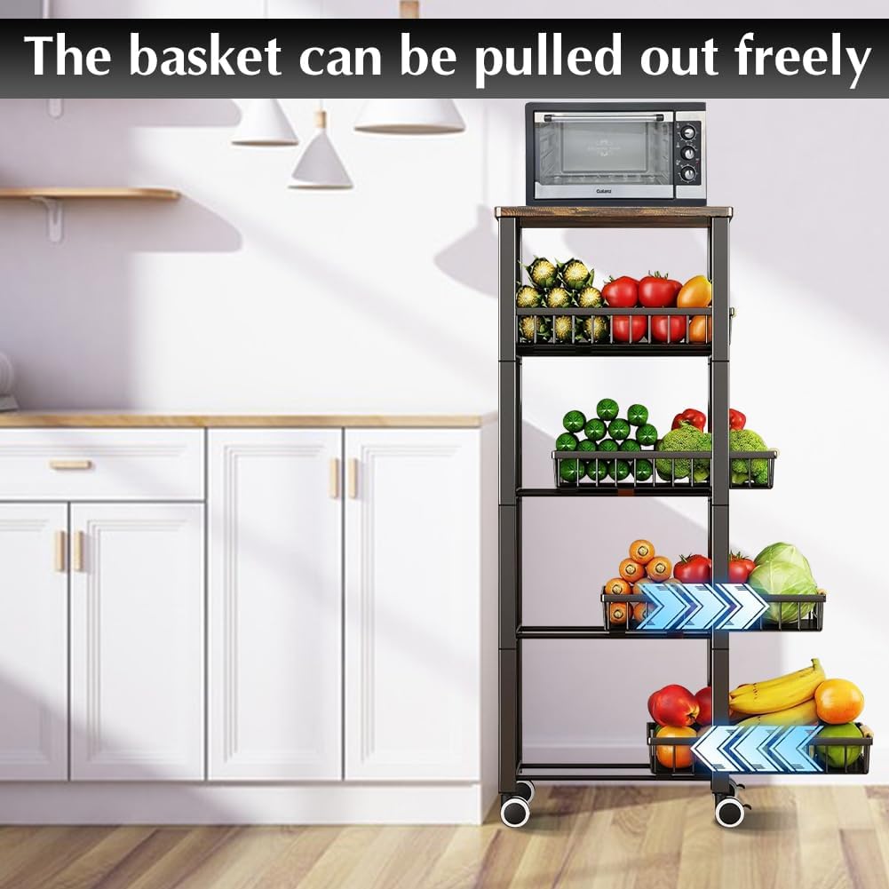 5 Tier Pull-Out Wire Storage Basket with Wood Top and Wheels for Kitchen N460