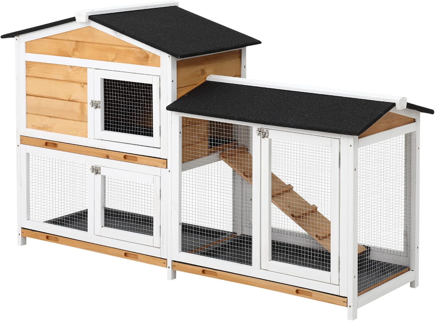 2-Story Rabbit Hutch Wooden Bunny Hutch Cage Small Animal House with Ramp, No Leak Tray, Weatherproof Roof and Outdoor Run, Indoor/Outdoor, Yellow