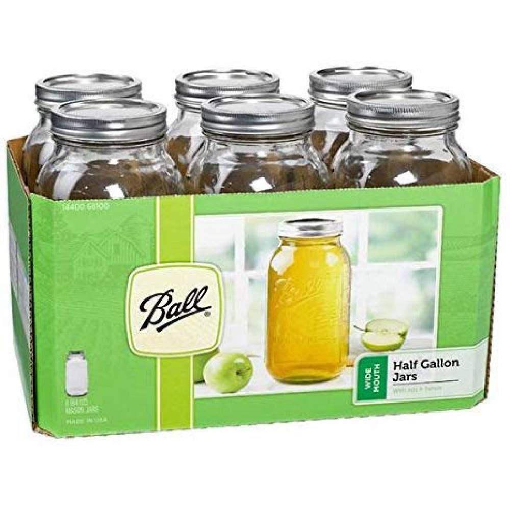 Ball Wide Mouth Half Gallon 64 Oz Jars with Lids and Bands, Set of 6, Clear