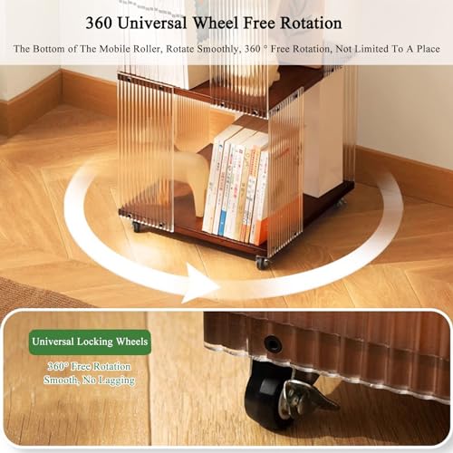 Rolling Bookcase, Bamboo 360° Rotating Bookshelf Tower with Wheels Z7303