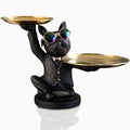 Butler Statue with 2 Metal Trays, Resin French Bulldog Sculpture, Key Bowl for Entryway Table, Desk Candy Bowl, Jewelry Earring Tray, Multipurpose Sculpture Home Decor (Sit-Black)