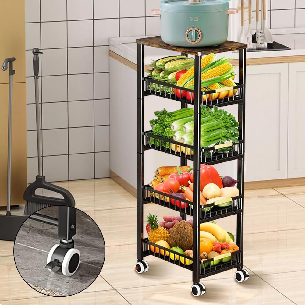 5 Tier Pull-Out Wire Storage Basket with Wood Top and Wheels for Kitchen N460