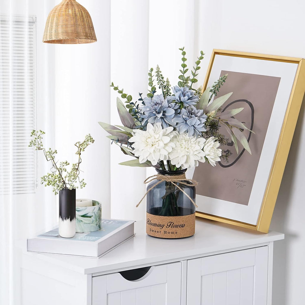Fake Blue White Dahlia Flowers with Glass Vase Silk Arrangement T605