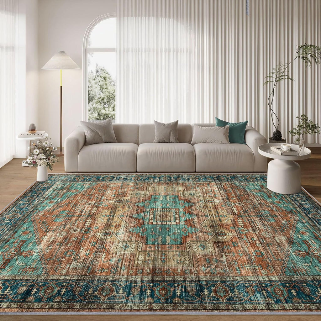 8x10 Area Rugs for Living Room: Large Washable Vintage Rugs, Non-Slip Soft Low Pile Rug Oriental Print Indoor Carpet for Bedroom Dining Room Home(Brick Red,8'x10')