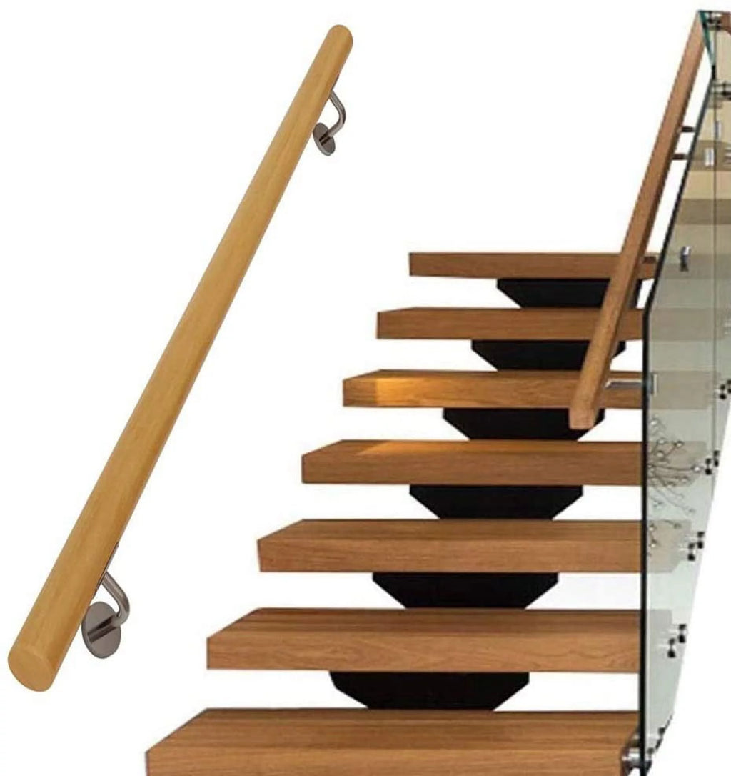 Wooden Stair Handrail 15 FT with Iron Brackets, Non-Slip Grab Bar for Indoor Stairway R5279