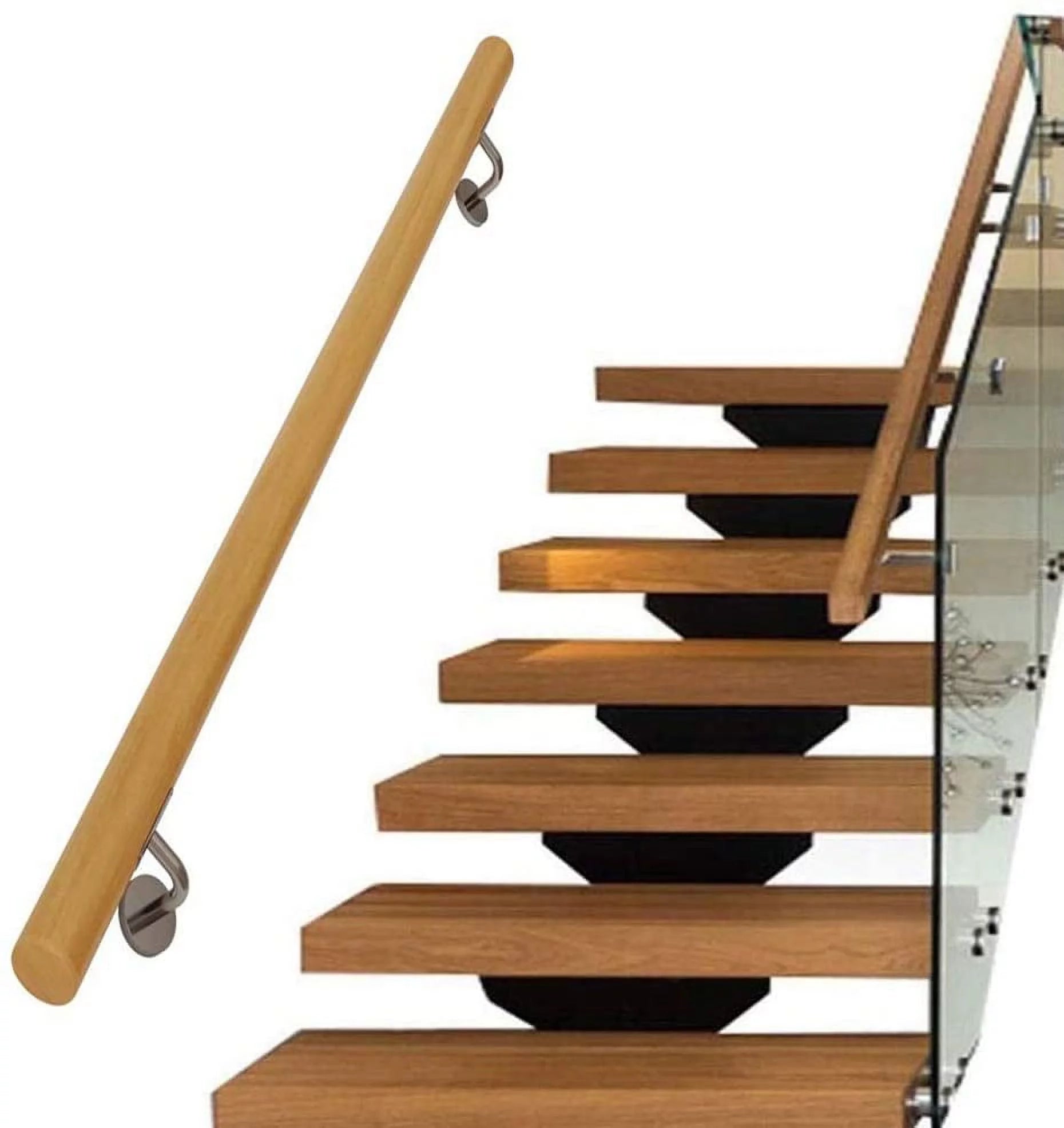 Wooden Stair Handrail 15 FT with Iron Brackets, Non-Slip Grab Bar for Indoor Stairway R5279