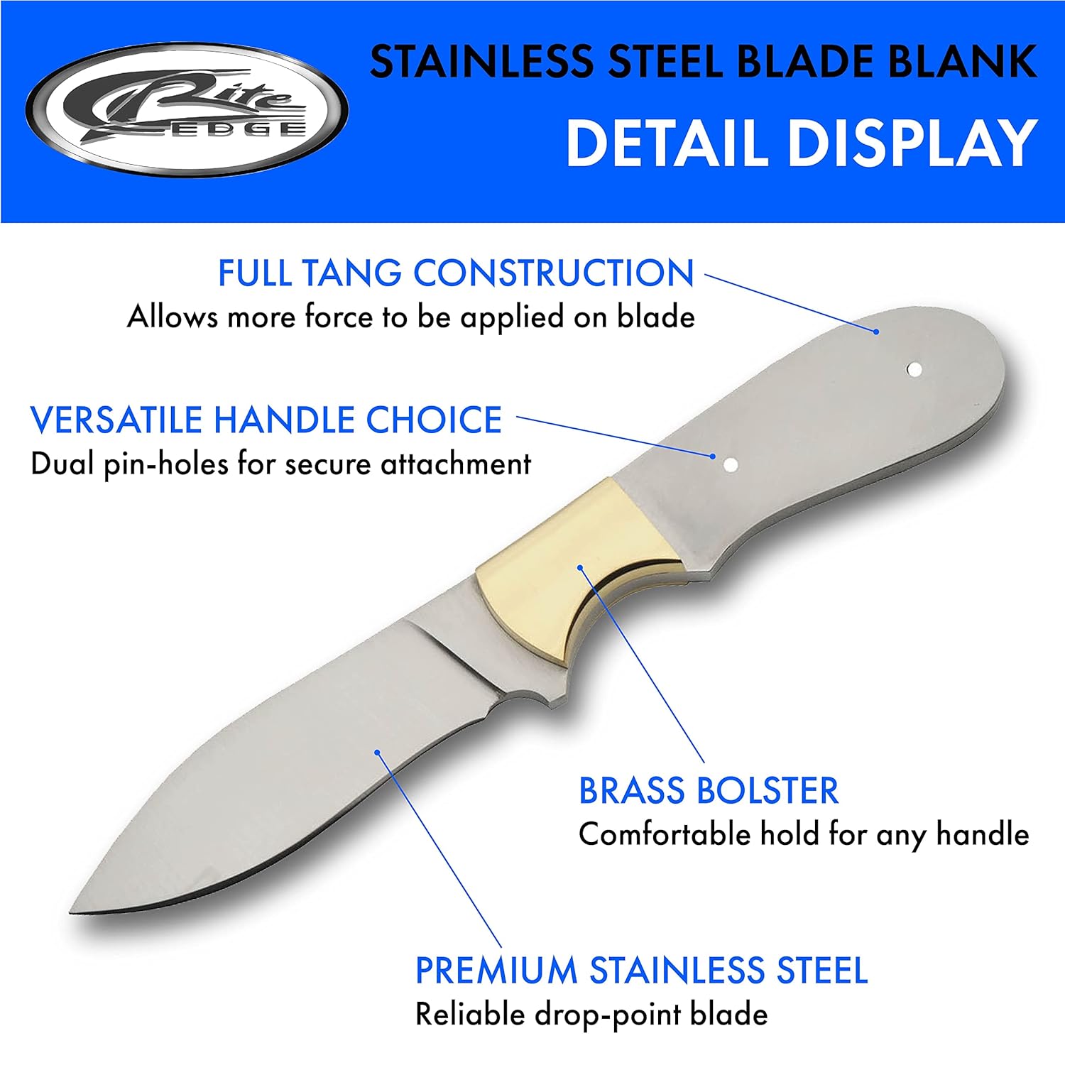 Full Tang Stainless Steel Drop Point Knife Blade Blank, 7.75" B890933