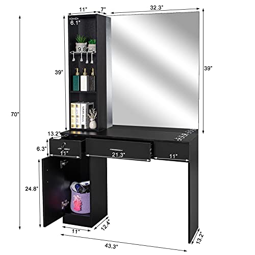 Wall Mount Hair Styling Station with Mirror, 2 Drawers, Storage Cabinet Y21969