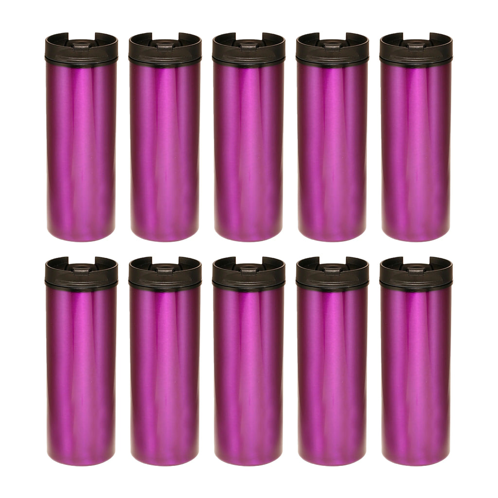 Metallic 16 Oz Double Wall Tumbler - Flip-Top Lid Mechanism, Spill Proof - Hot or Cold Drinks - Plastic Interior, Aluminum Exterior Slim Design - Purple - 10 Pack