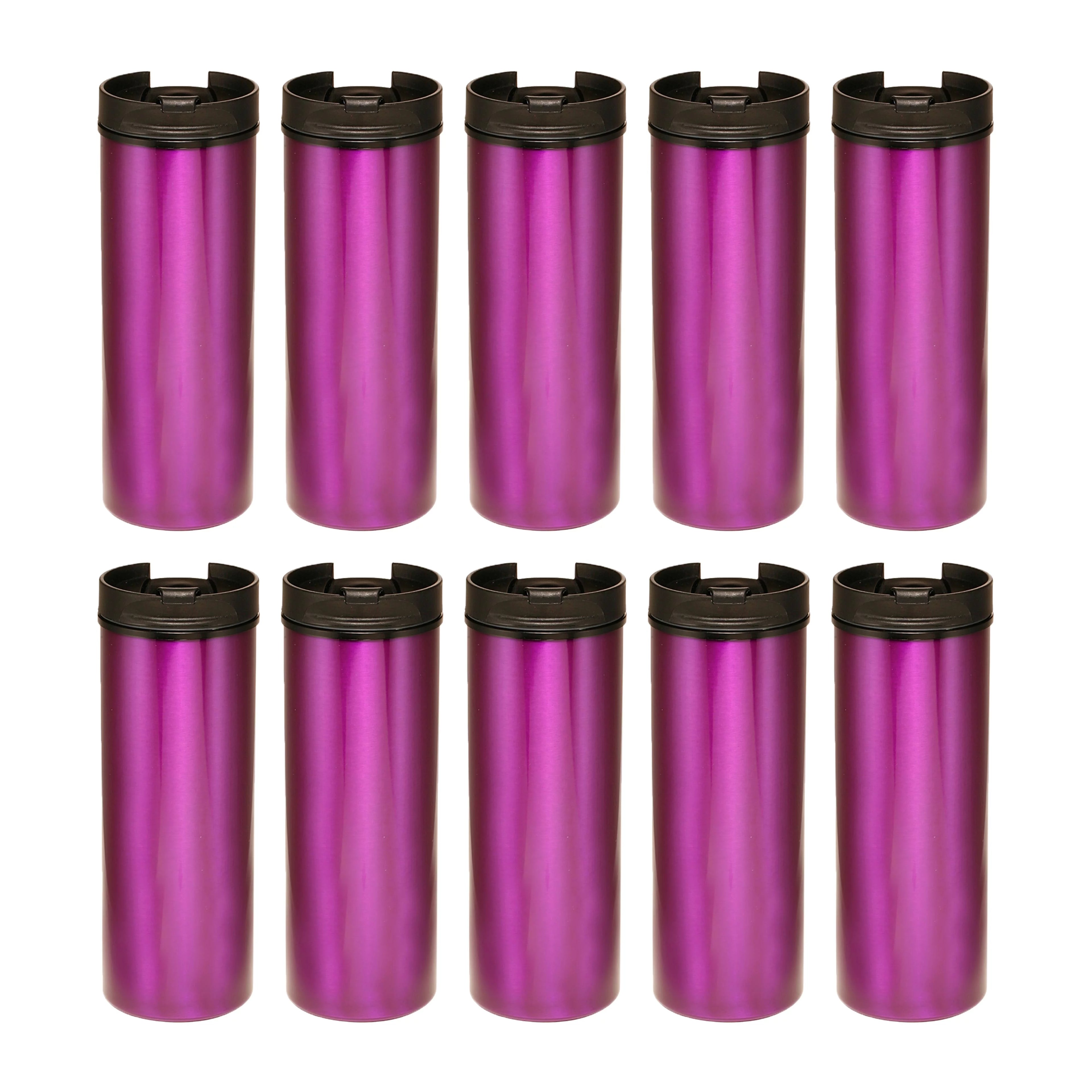 Metallic 16 Oz Double Wall Tumbler - Flip-Top Lid Mechanism, Spill Proof - Hot or Cold Drinks - Plastic Interior, Aluminum Exterior Slim Design - Purple - 10 Pack