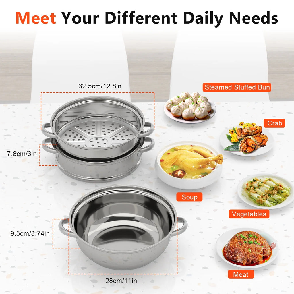 3 Tiers Steamer, 11" Stainless Steel Steaming Pot with Glass Lid G654