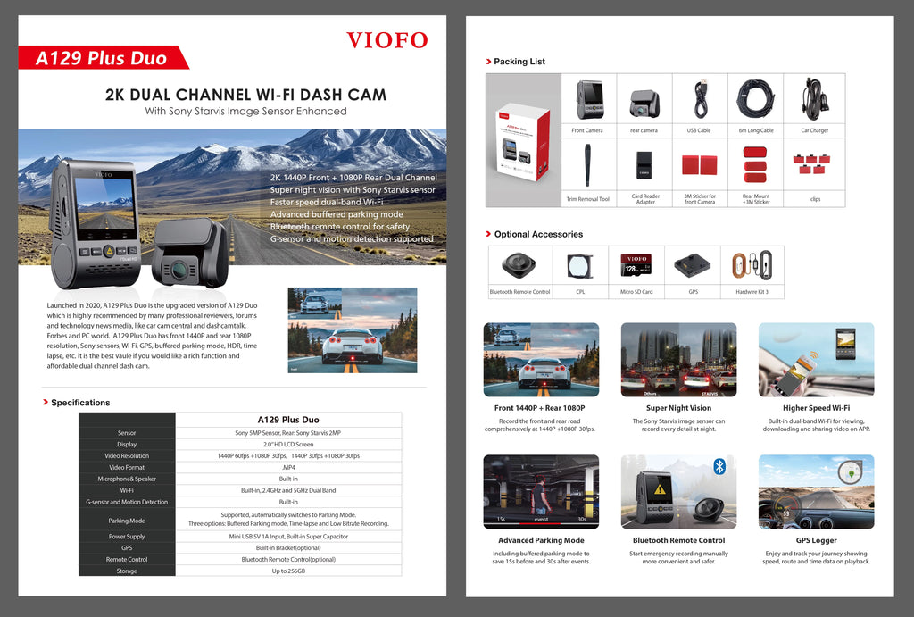 Dashcam Front and Rear 2K 1440P 60FPS with GPS Wi-Fi Parking Mode P76822